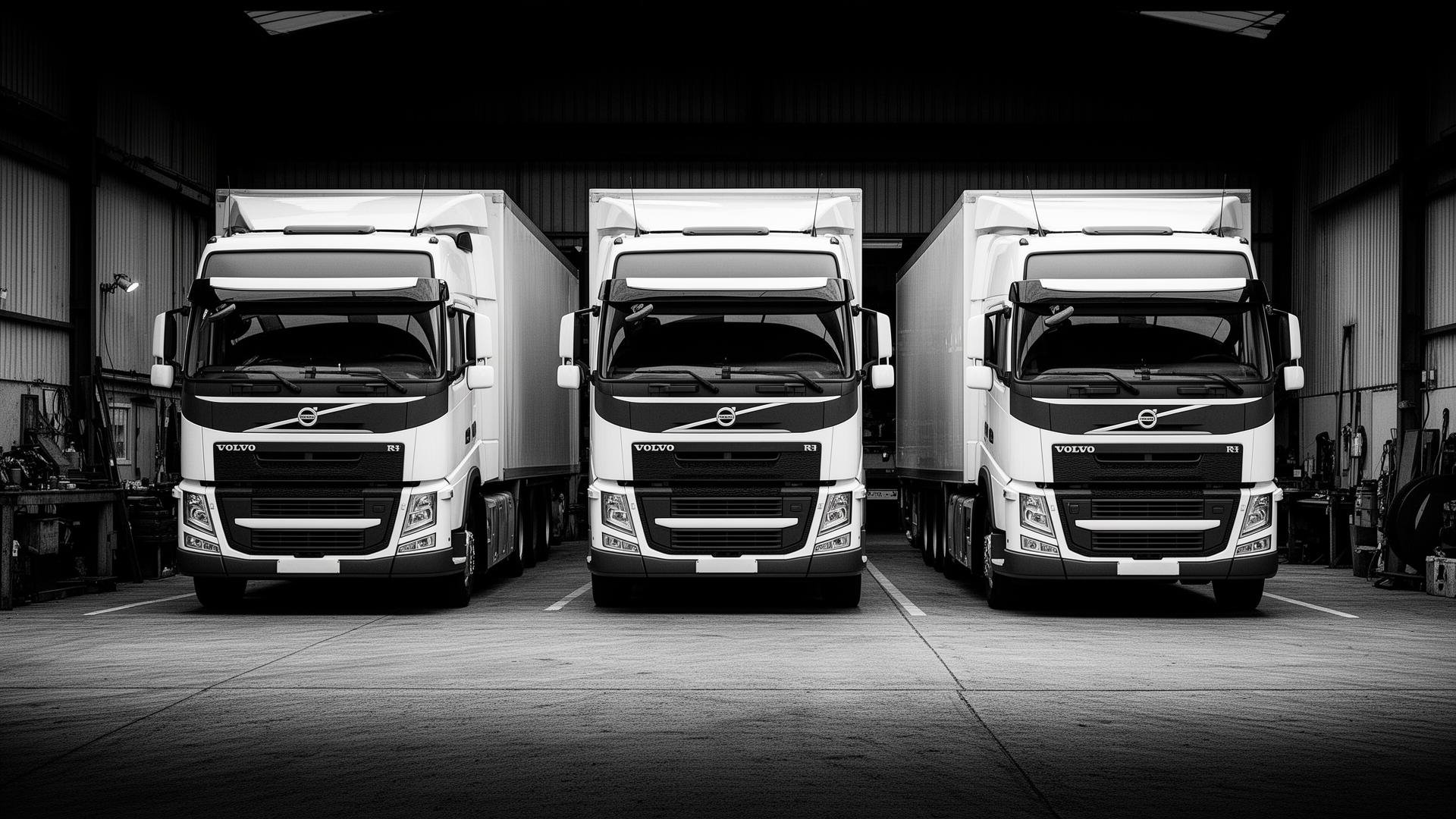 Line of unbranded white Volvo HGV trucks
