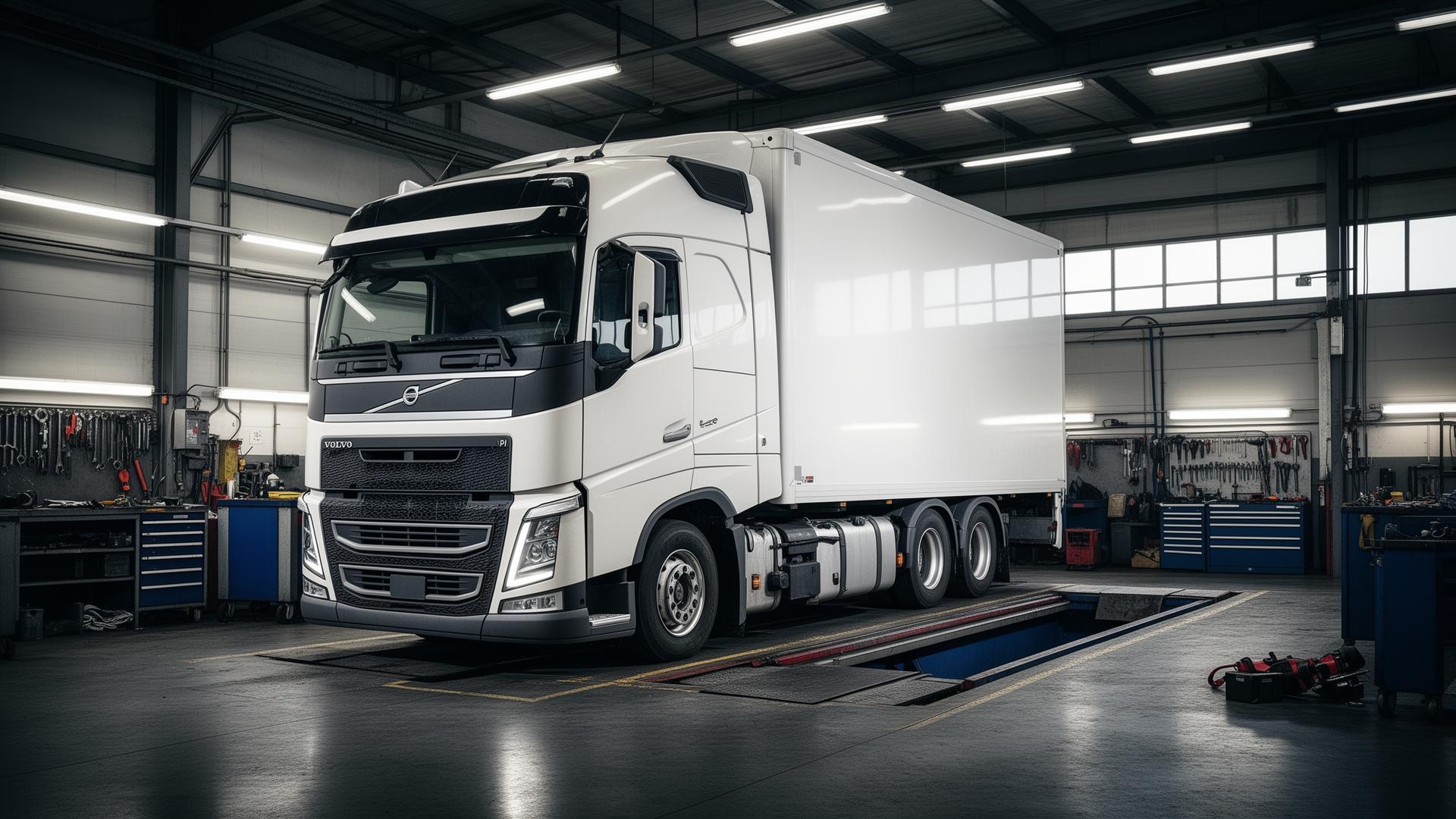 NYA Services and Repairs workshop interior with white Volvo HGV on ramp